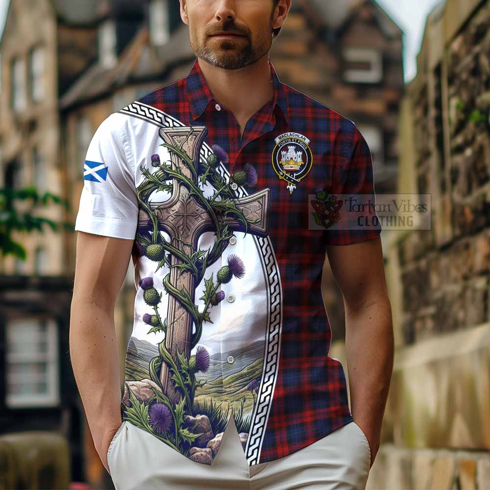 Tartan Vibes Clothing MacLachlan (McLachlan) Tartan Short Sleeve Button Shirt with Family Crest and St. Andrew's Cross Accented by Thistle Vines