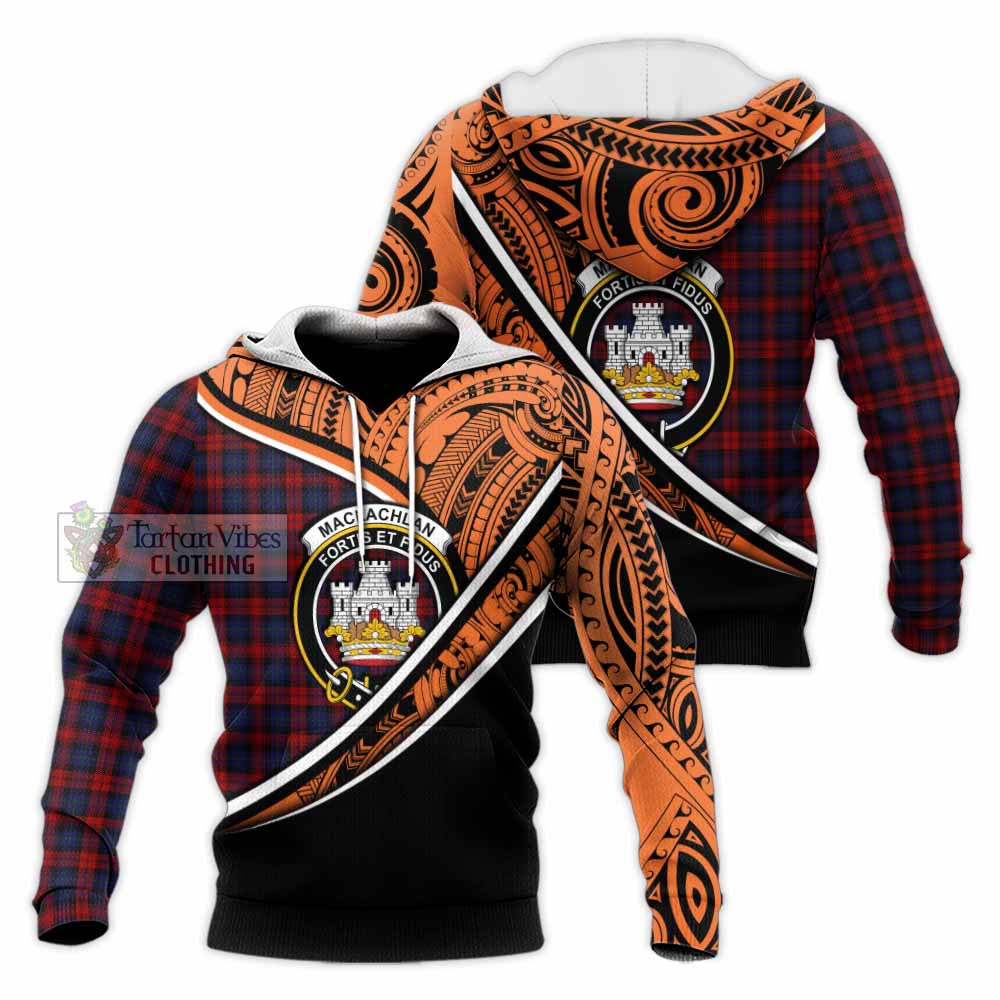 Tartan Vibes Clothing MacLachlan (McLachlan) Crest Tartan Knitted Hoodie with Maori Tattoo Style - Orange Version