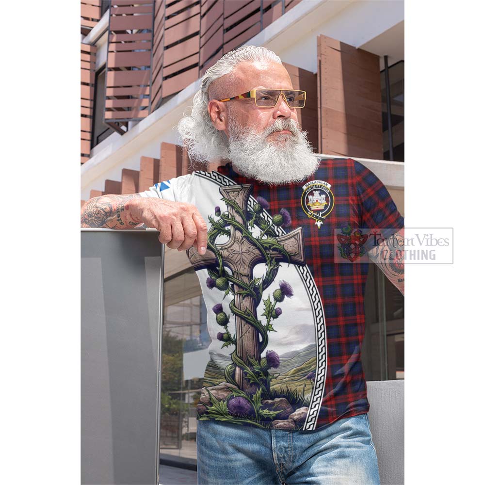 Tartan Vibes Clothing MacLachlan (McLachlan) Tartan Cotton T-shirt with Family Crest and St. Andrew's Cross Accented by Thistle Vines