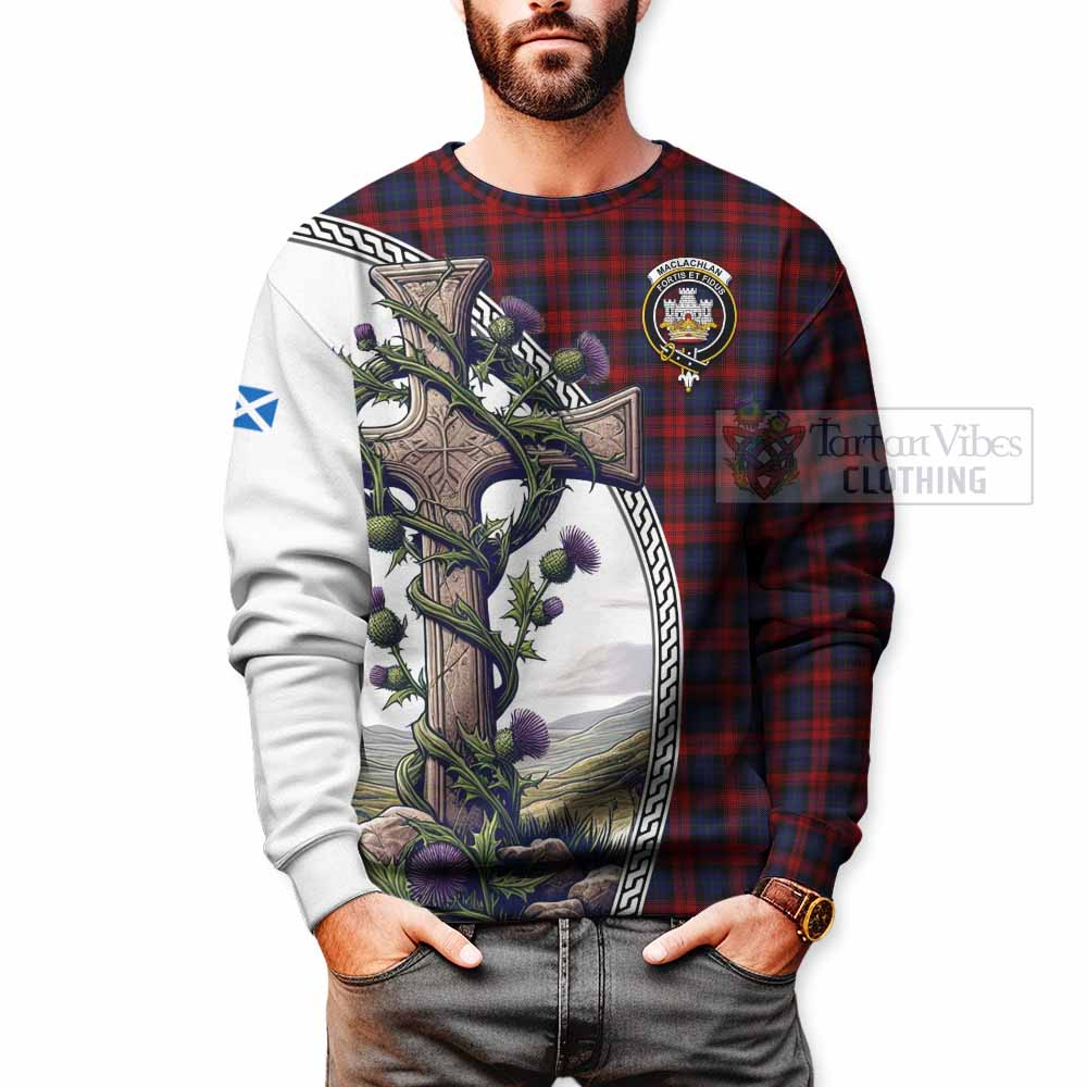 Tartan Vibes Clothing MacLachlan (McLachlan) Tartan Sweatshirt with Family Crest and St. Andrew's Cross Accented by Thistle Vines