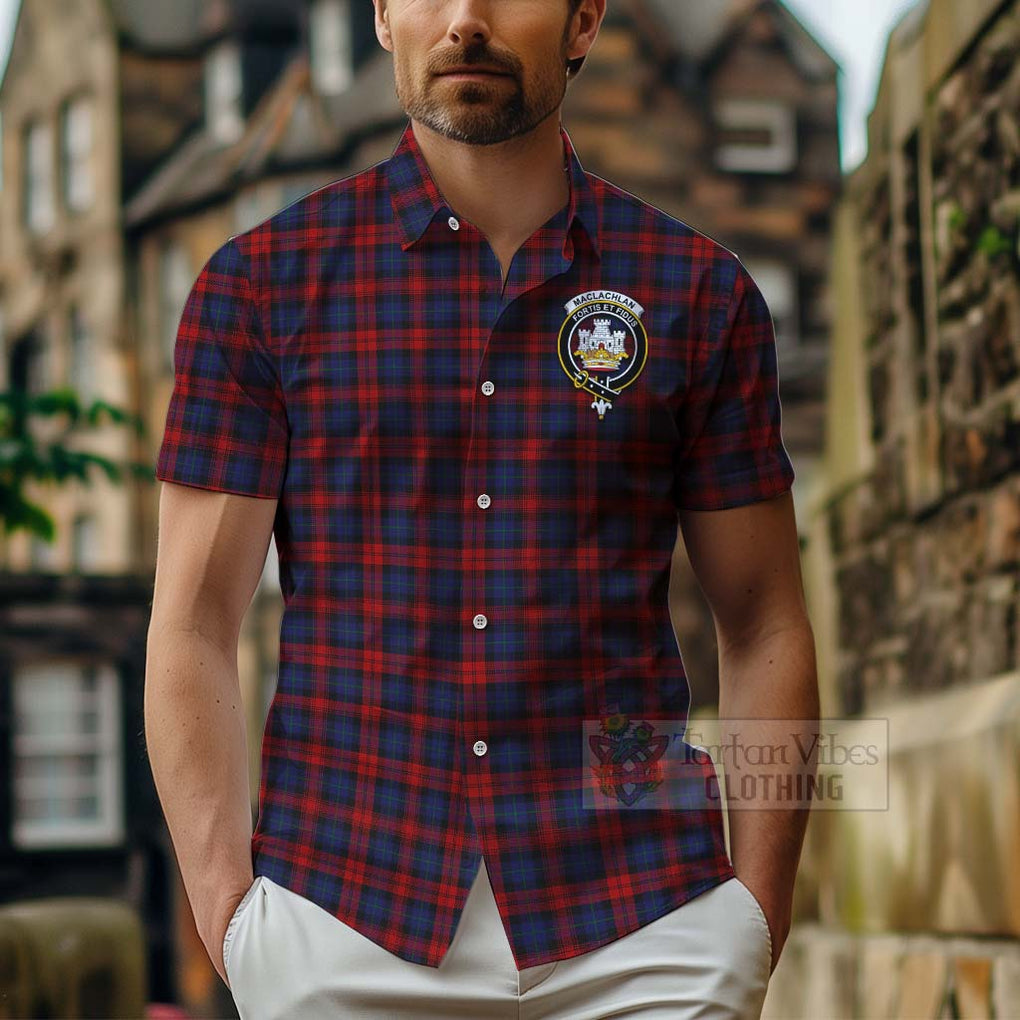 Tartan Vibes Clothing MacLachlan (McLachlan) Tartan Short Sleeve Button Shirt with Family Crest Celtic Skull Style