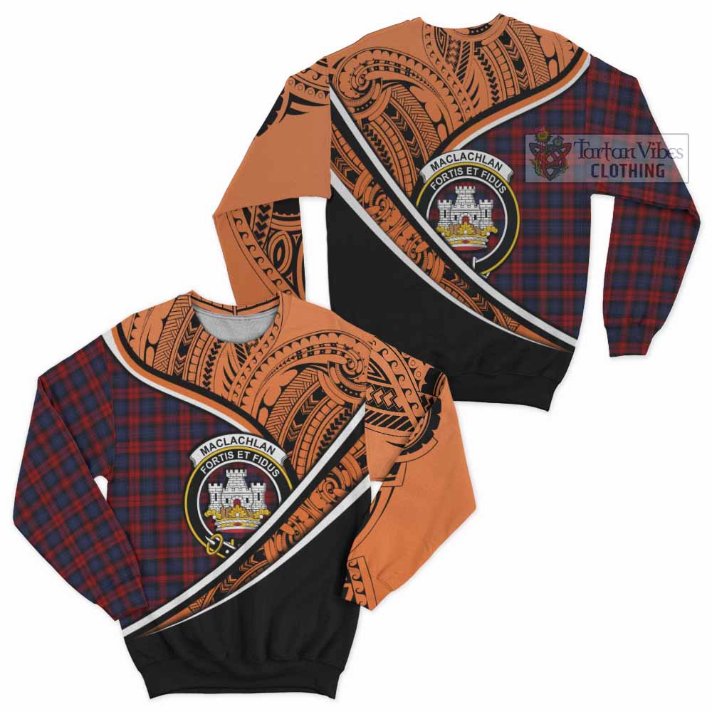 Tartan Vibes Clothing MacLachlan (McLachlan) Crest Tartan Sweatshirt with Maori Tattoo Style - Orange Version