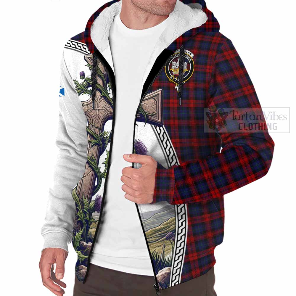 Tartan Vibes Clothing MacLachlan (McLachlan) Tartan Sherpa Hoodie with Family Crest and St. Andrew's Cross Accented by Thistle Vines