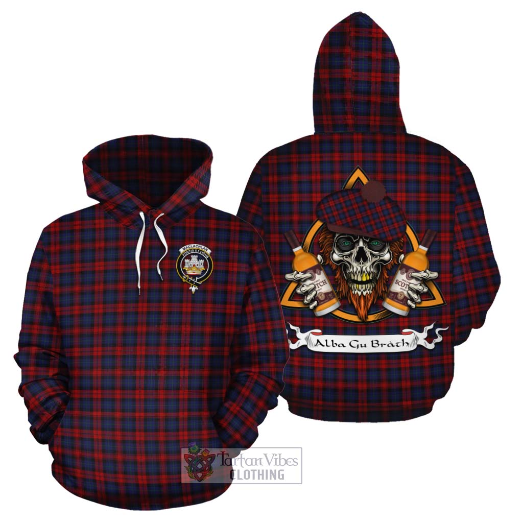 Tartan Vibes Clothing MacLachlan (McLachlan) Tartan Cotton Hoodie with Family Crest and Bearded Skull Holding Bottles of Whiskey