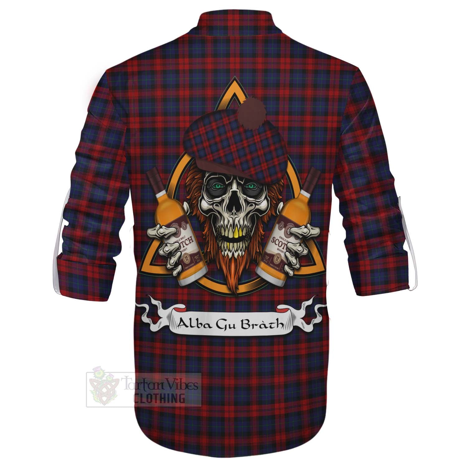 Tartan Vibes Clothing MacLachlan (McLachlan) Tartan Ghillie Kilt Shirt with Family Crest and Bearded Skull Holding Bottles of Whiskey