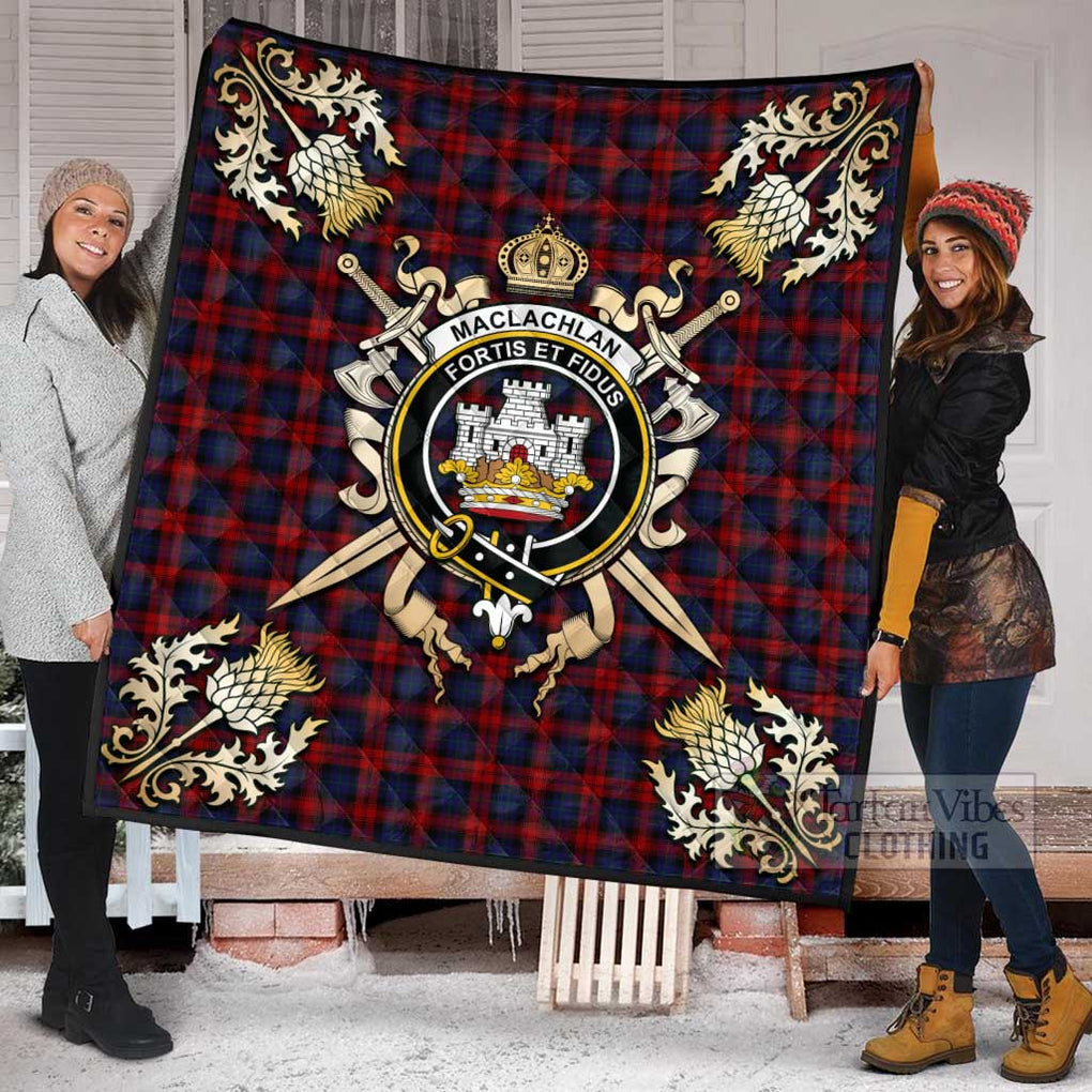 Tartan Vibes Clothing MacLachlan (McLachlan) Tartan Quilt with Family Crest and Scottish Golden Courage Shield