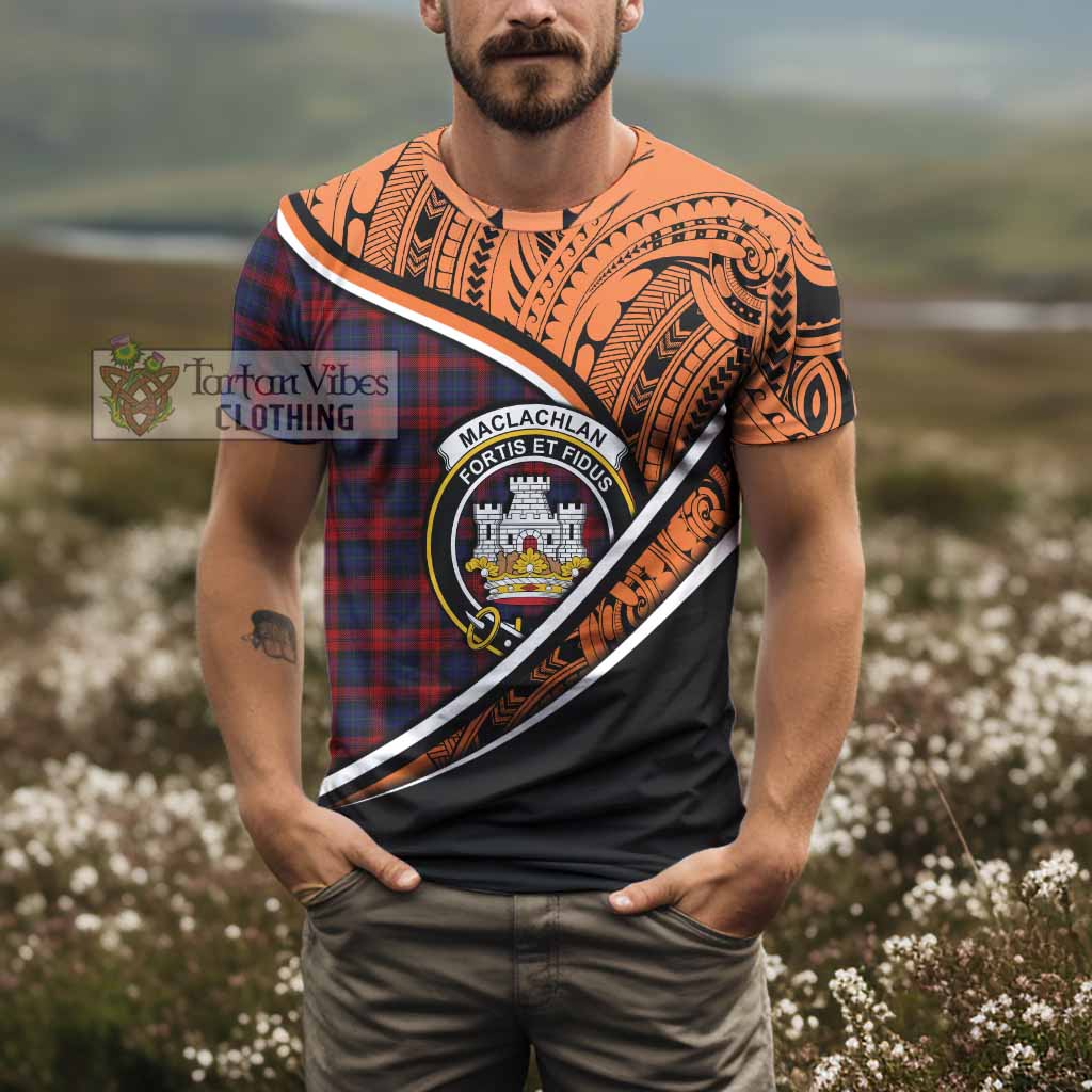 Tartan Vibes Clothing MacLachlan (McLachlan) Crest Tartan T-Shirt with Maori Tattoo Style - Orange Version