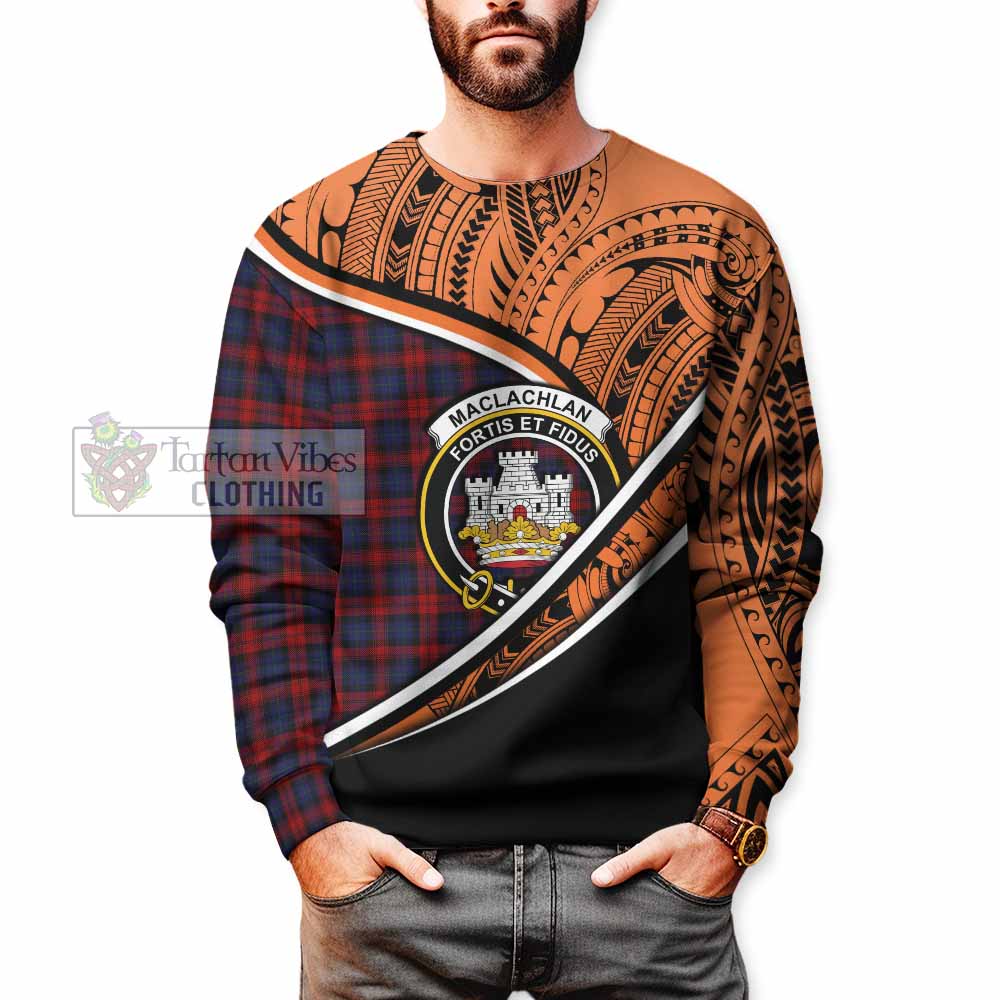 Tartan Vibes Clothing MacLachlan (McLachlan) Crest Tartan Sweatshirt with Maori Tattoo Style - Orange Version