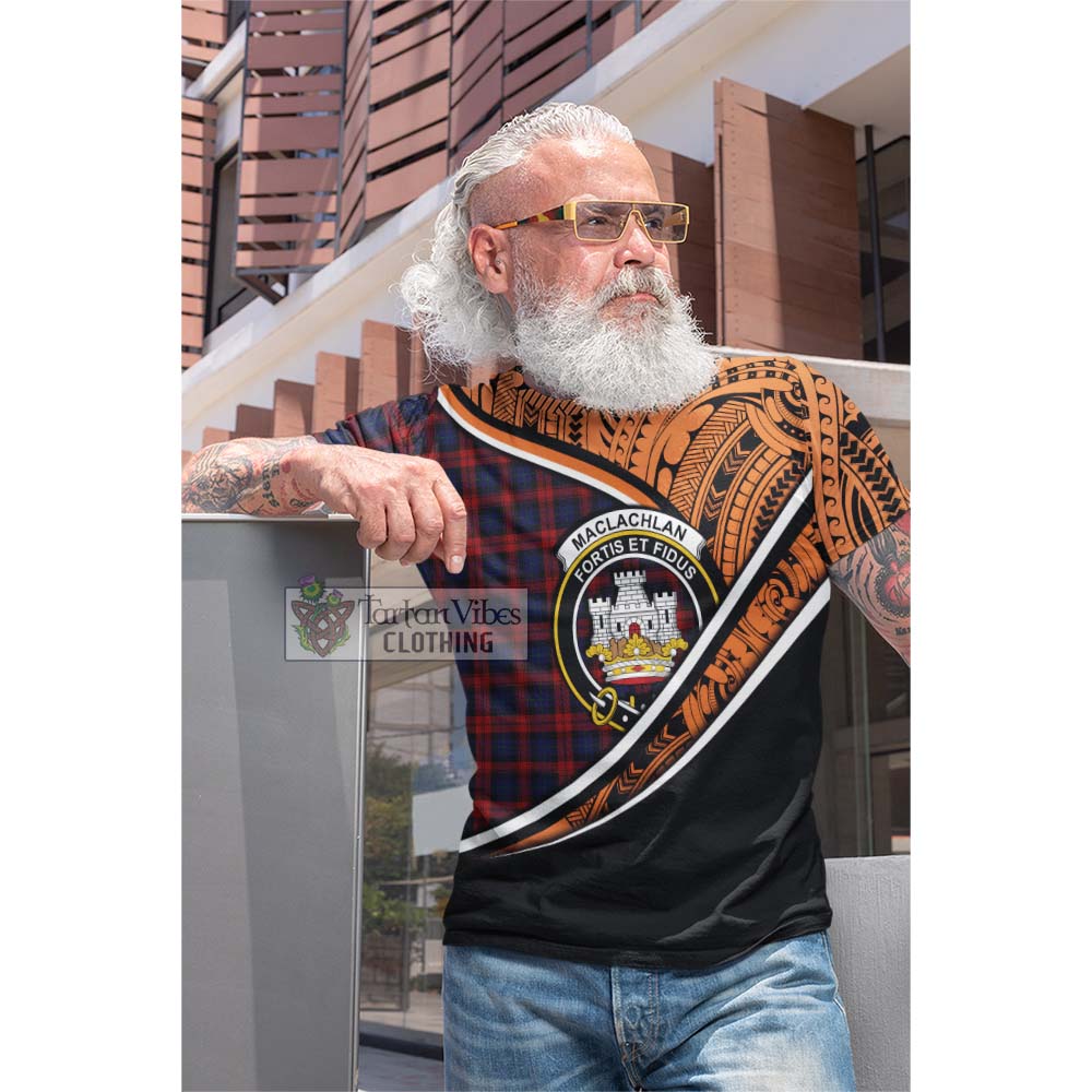 Tartan Vibes Clothing MacLachlan (McLachlan) Crest Tartan Cotton T-shirt with Maori Tattoo Style - Orange Version