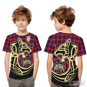 MacLachlan Modern Tartan Kid T-Shirt with Family Crest Celtic Wolf Style