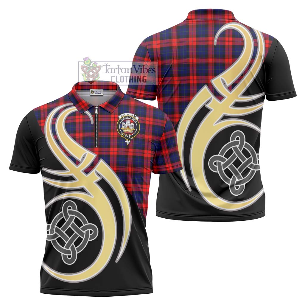 Tartan Vibes Clothing MacLachlan Modern Tartan Zipper Polo Shirt with Family Crest and Celtic Symbol Style