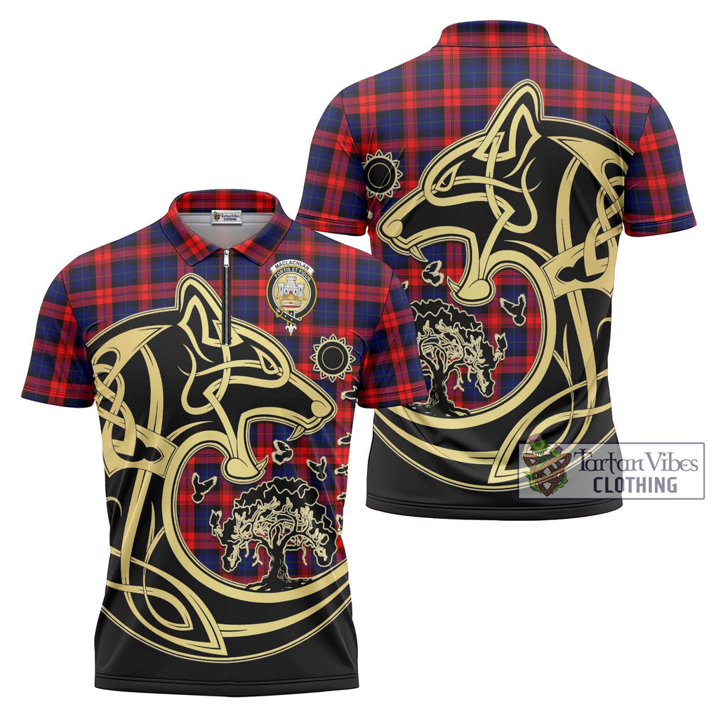 MacLachlan Modern Tartan Zipper Polo Shirt with Family Crest Celtic Wolf Style Unisex - Tartanvibesclothing Shop