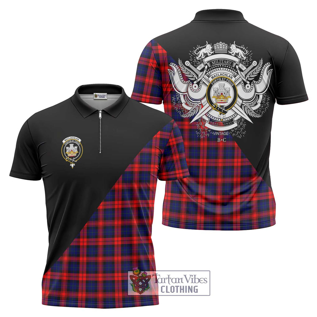 MacLachlan Modern Tartan Zipper Polo Shirt with Family Crest and Military Logo Style Unisex - Tartanvibesclothing Shop