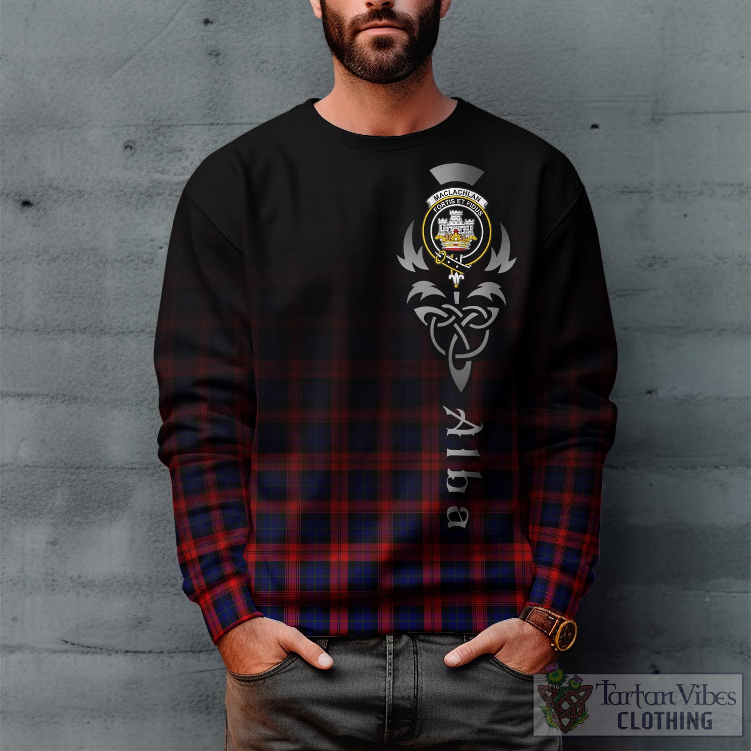 Tartan Vibes Clothing MacLachlan Modern Tartan Sweatshirt Featuring Alba Gu Brath Family Crest Celtic Inspired