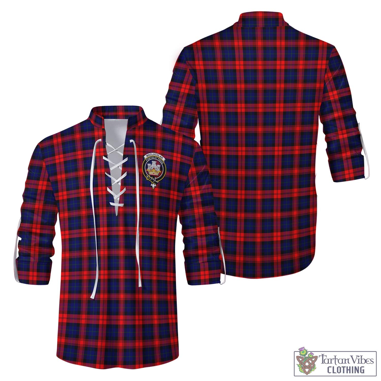 Tartan Vibes Clothing MacLachlan Modern Tartan Men's Scottish Traditional Jacobite Ghillie Kilt Shirt with Family Crest