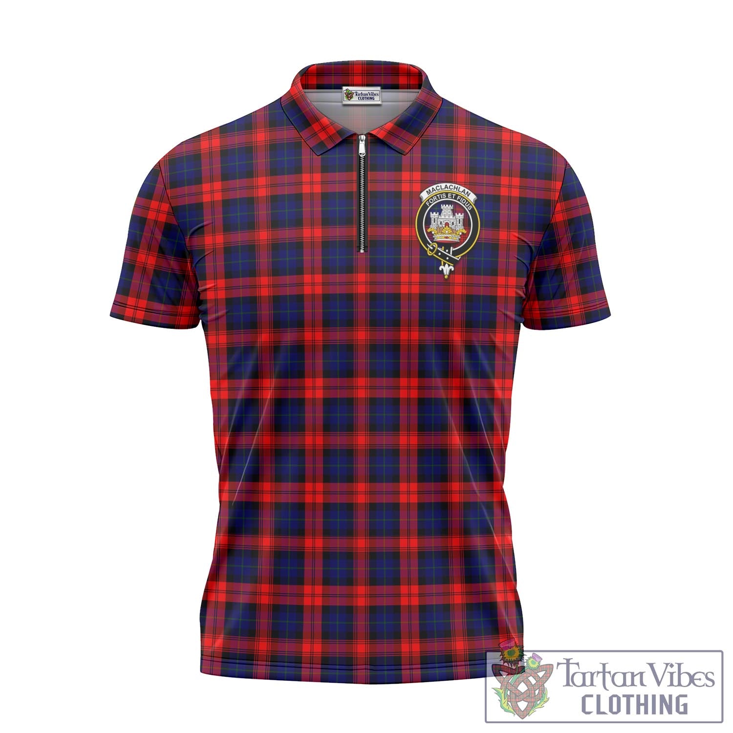 Tartan Vibes Clothing MacLachlan Modern Tartan Zipper Polo Shirt with Family Crest