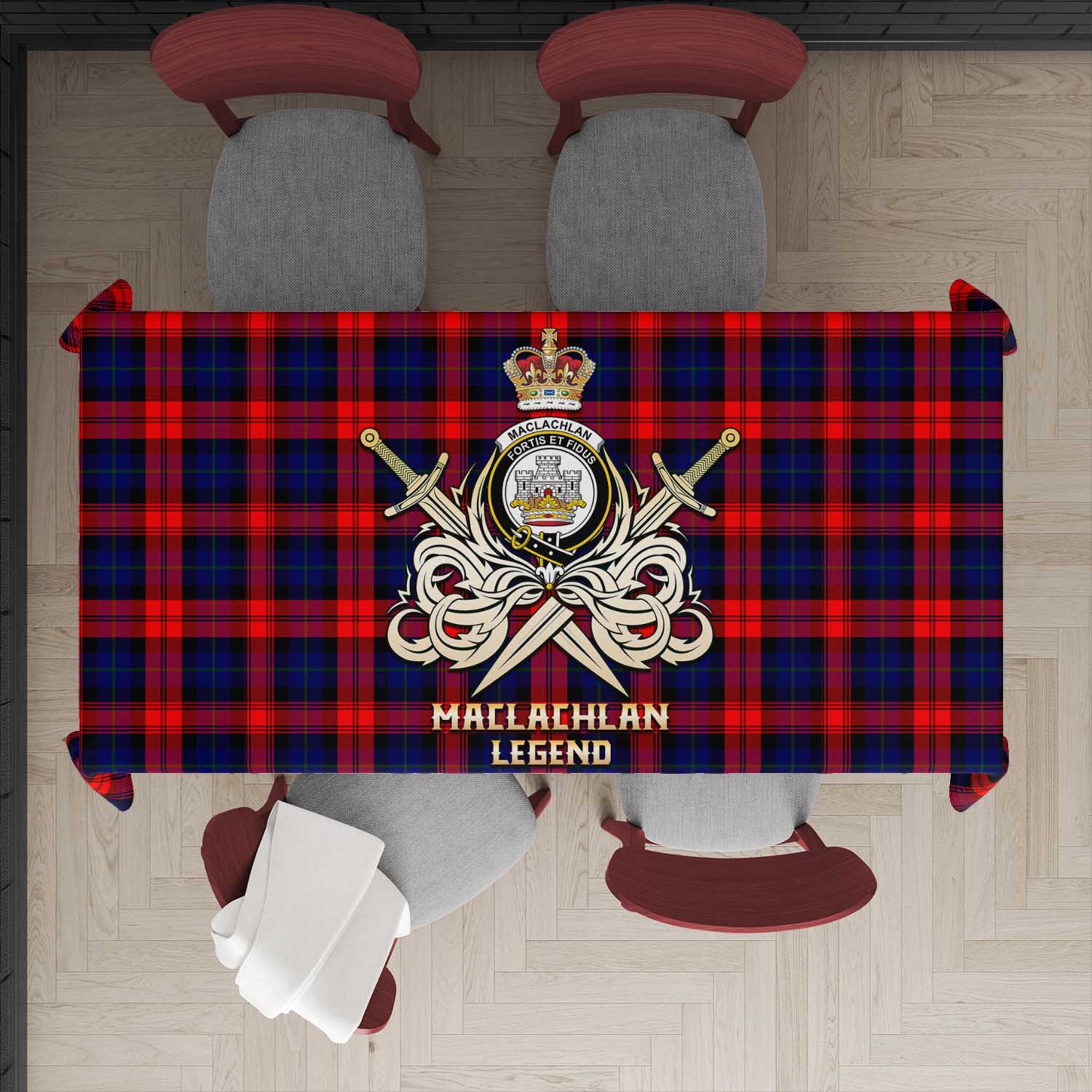 Tartan Vibes Clothing MacLachlan Modern Tartan Tablecloth with Clan Crest and the Golden Sword of Courageous Legacy