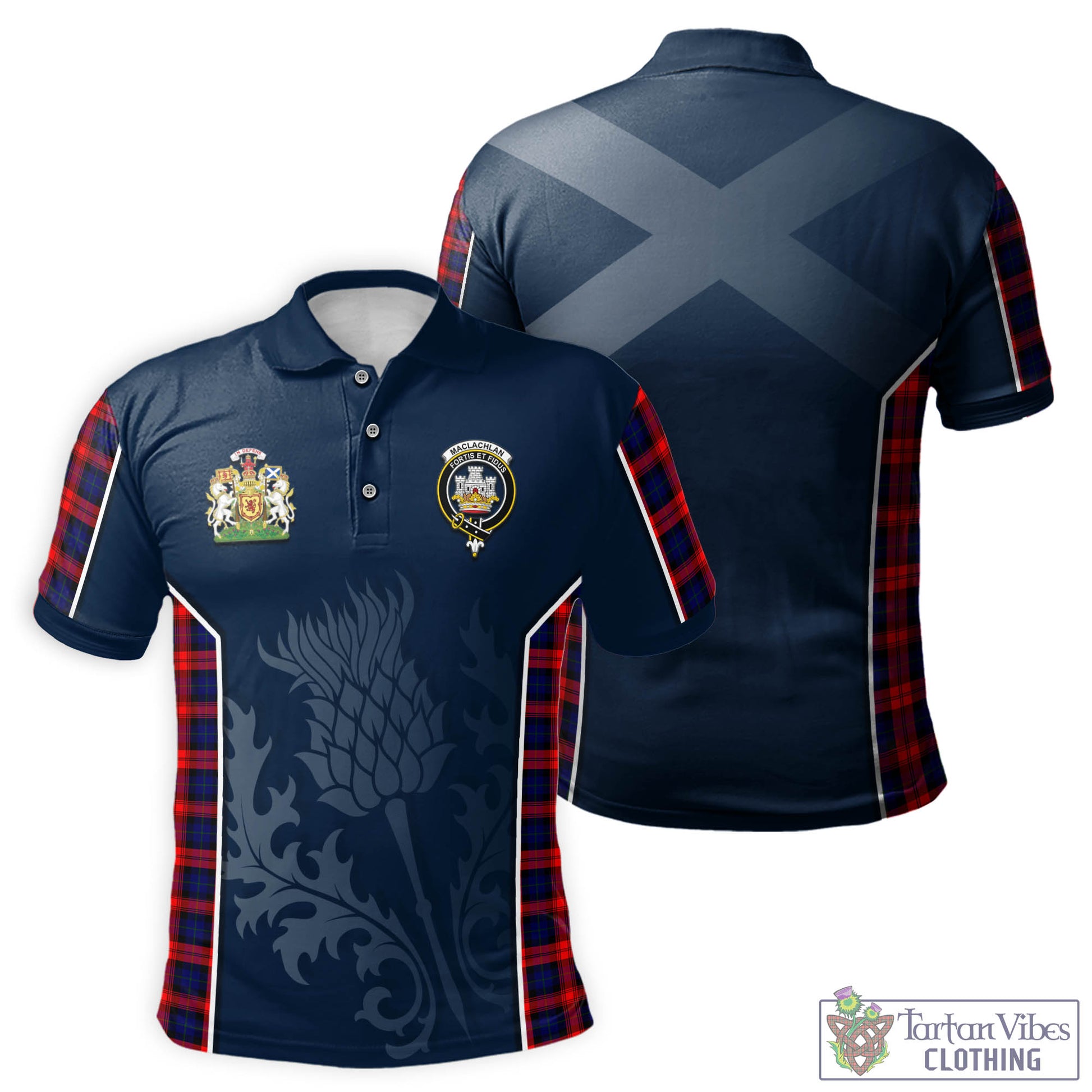 Tartan Vibes Clothing MacLachlan Modern Tartan Men's Polo Shirt with Family Crest and Scottish Thistle Vibes Sport Style