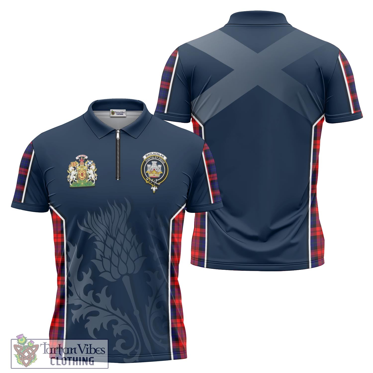 Tartan Vibes Clothing MacLachlan Modern Tartan Zipper Polo Shirt with Family Crest and Scottish Thistle Vibes Sport Style