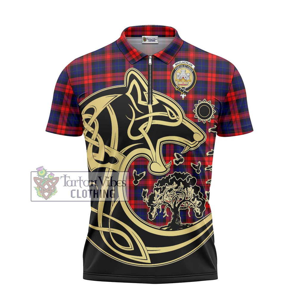 MacLachlan Modern Tartan Zipper Polo Shirt with Family Crest Celtic Wolf Style - Tartanvibesclothing Shop