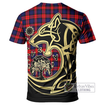 MacLachlan Modern Tartan T-Shirt with Family Crest Celtic Wolf Style