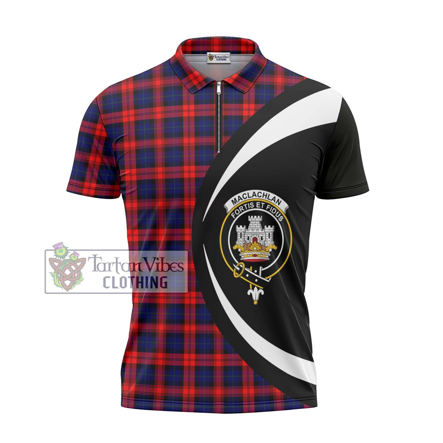 Tartan Vibes Clothing MacLachlan Modern Tartan Zipper Polo Shirt with Family Crest Circle Style