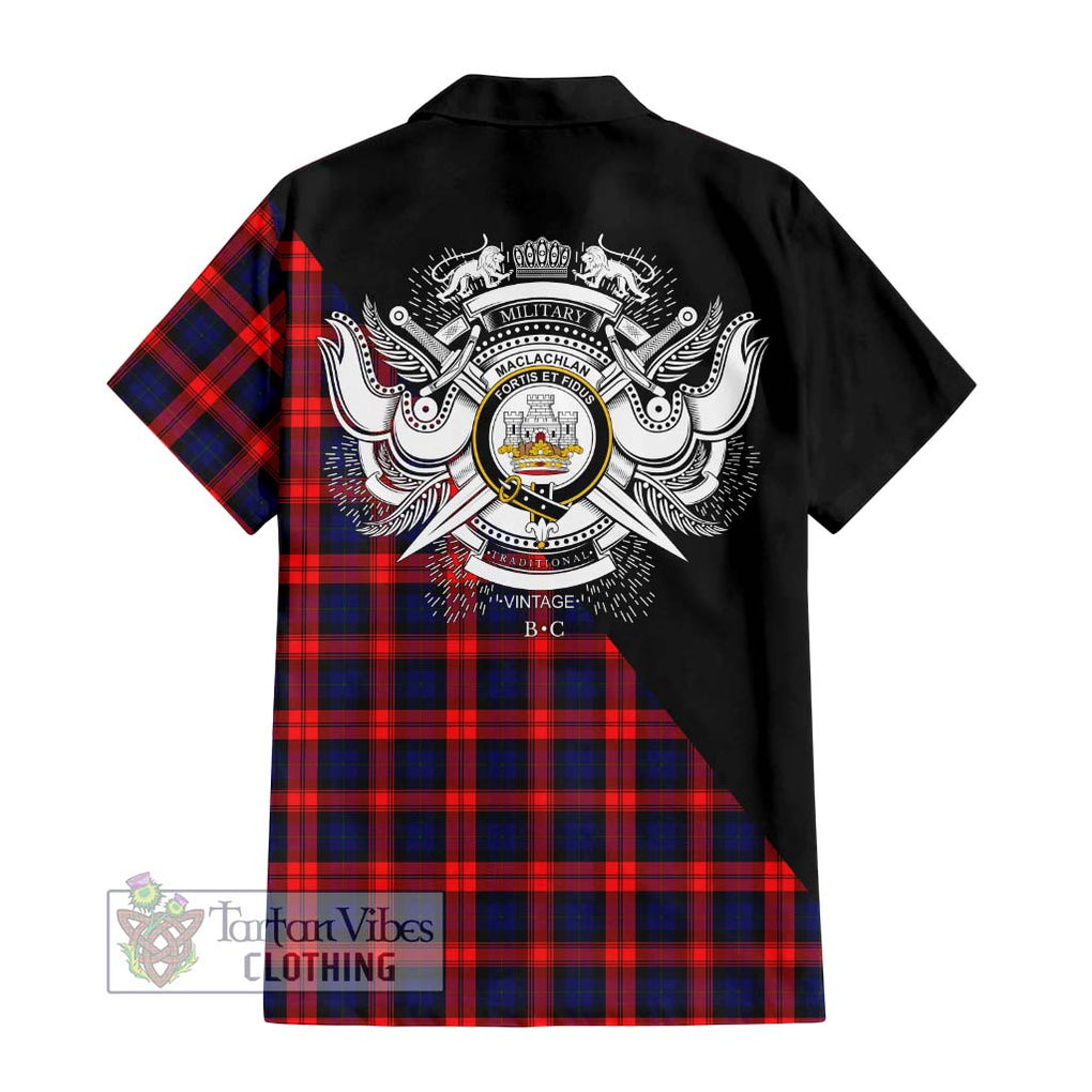 MacLachlan Modern Tartan Short Sleeve Button Shirt with Family Crest and Military Logo Style - Tartanvibesclothing Shop