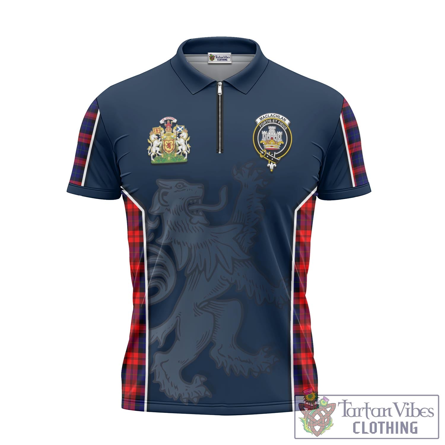 Tartan Vibes Clothing MacLachlan Modern Tartan Zipper Polo Shirt with Family Crest and Lion Rampant Vibes Sport Style