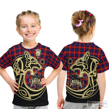 MacLachlan Modern Tartan Kid T-Shirt with Family Crest Celtic Wolf Style