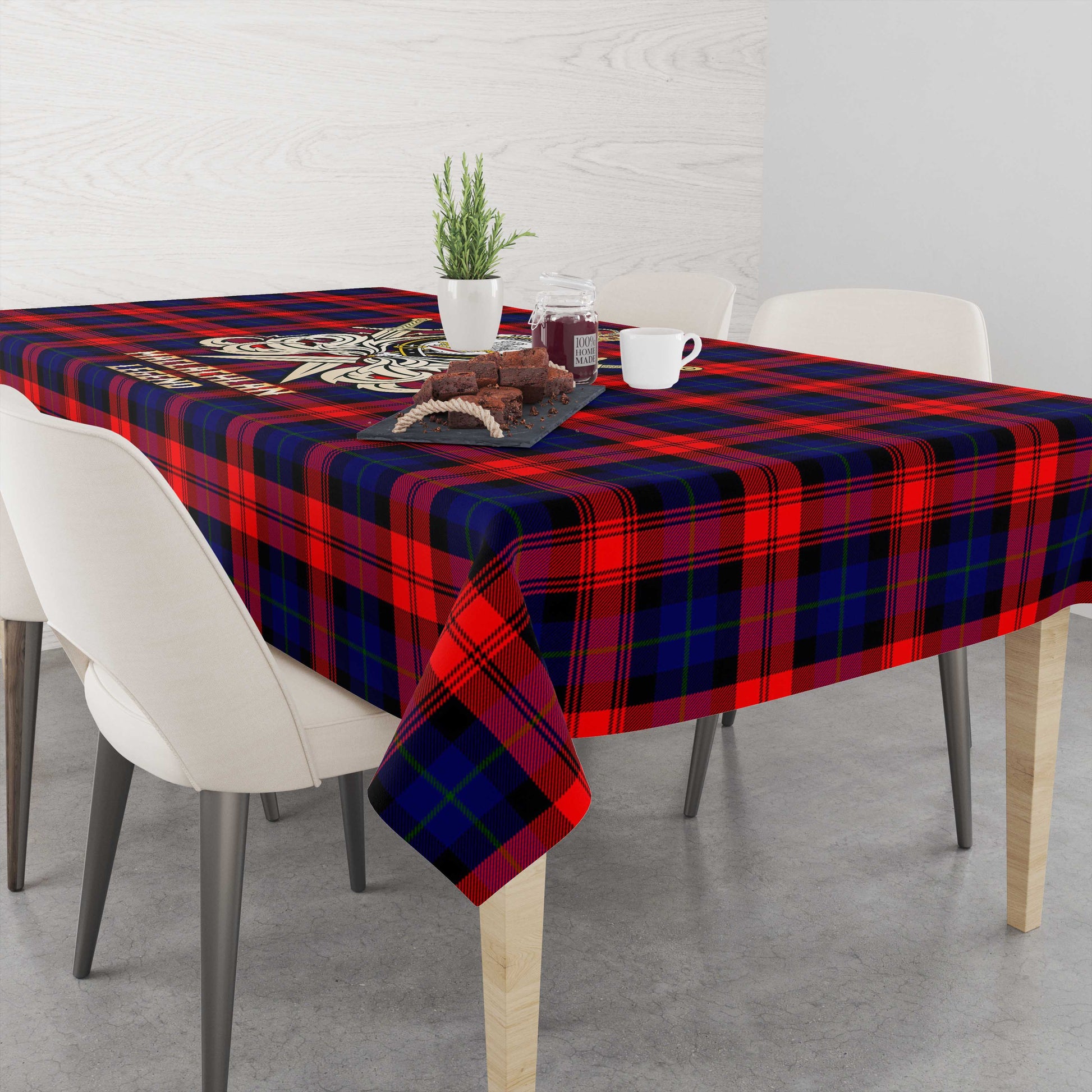 Tartan Vibes Clothing MacLachlan Modern Tartan Tablecloth with Clan Crest and the Golden Sword of Courageous Legacy