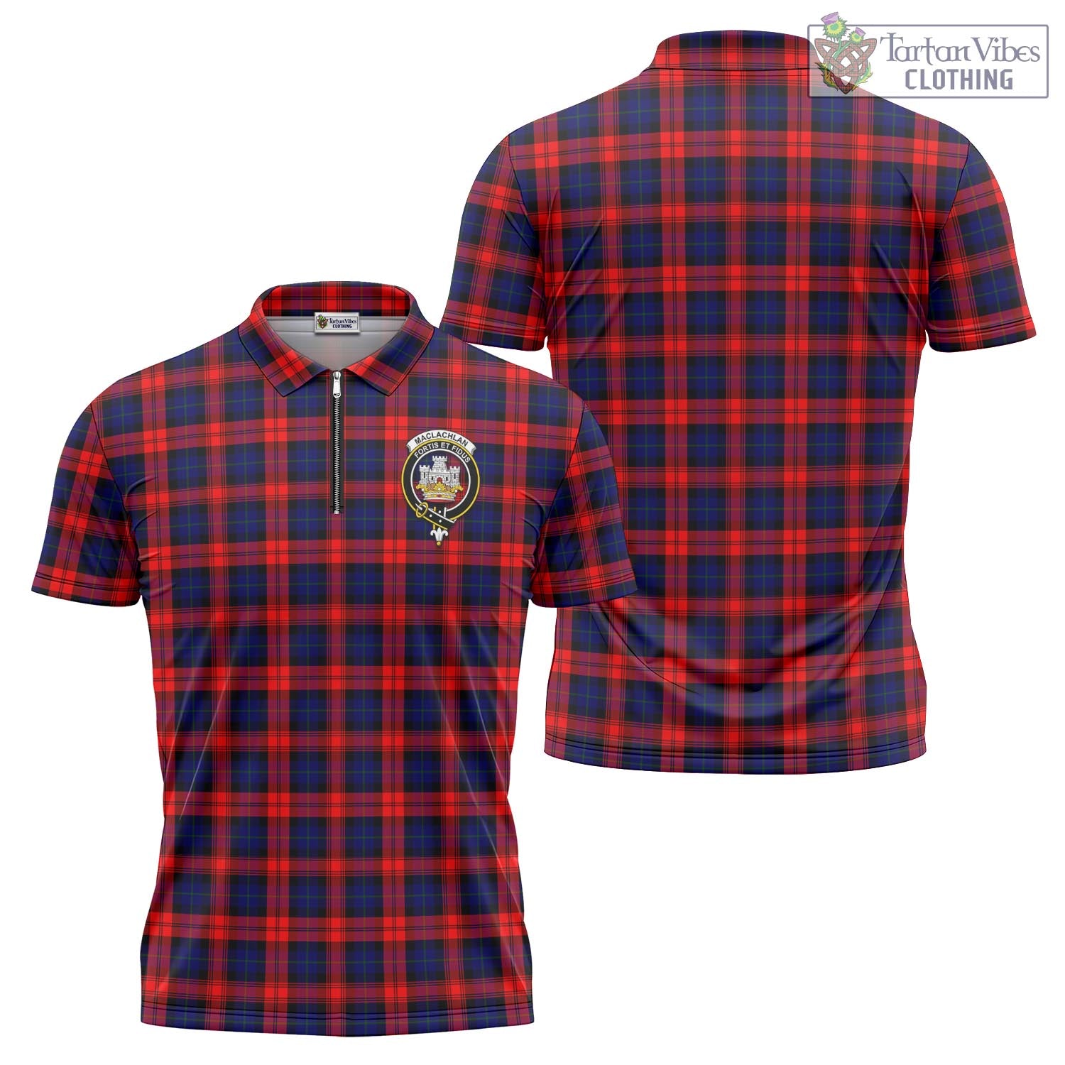 Tartan Vibes Clothing MacLachlan Modern Tartan Zipper Polo Shirt with Family Crest