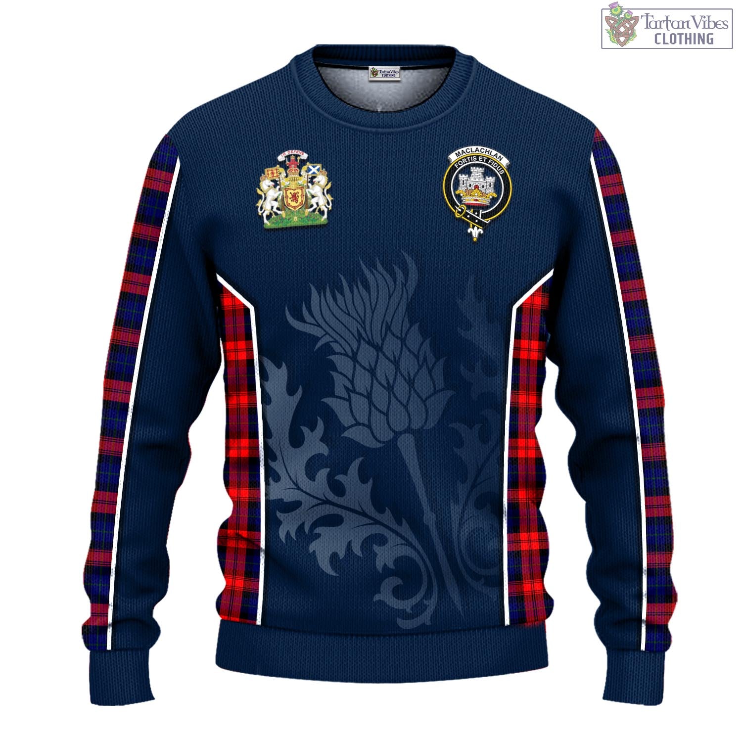 Tartan Vibes Clothing MacLachlan Modern Tartan Knitted Sweatshirt with Family Crest and Scottish Thistle Vibes Sport Style