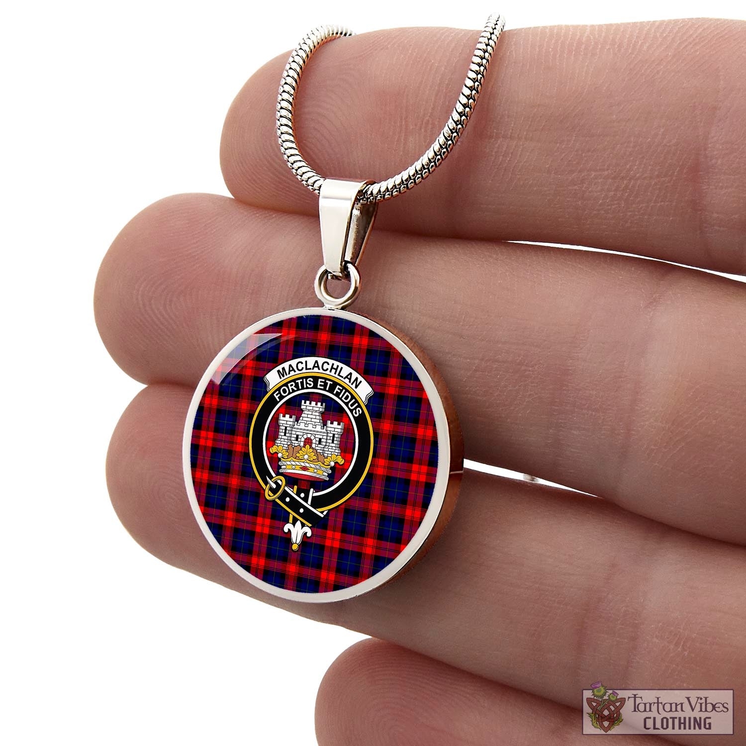 Tartan Vibes Clothing MacLachlan Modern Tartan Circle Necklace with Family Crest