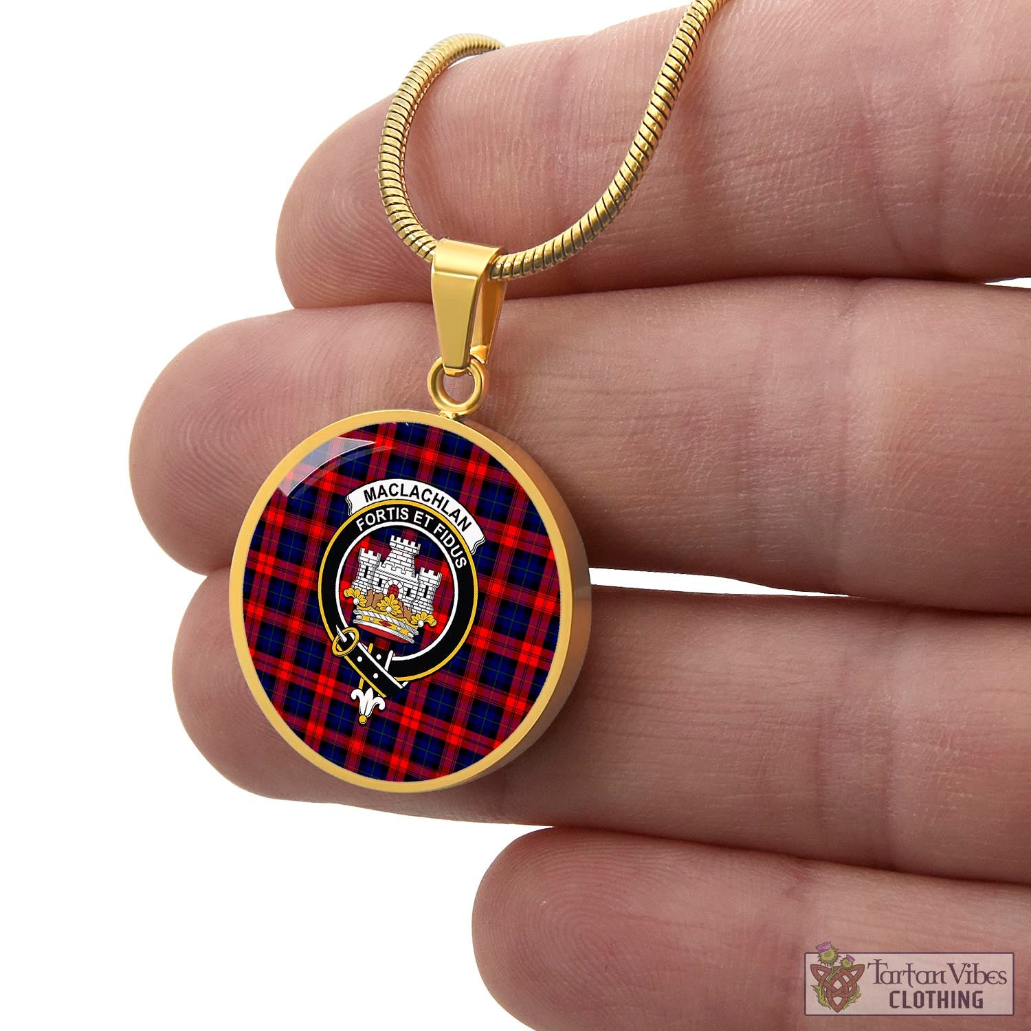 Tartan Vibes Clothing MacLachlan Modern Tartan Circle Necklace with Family Crest