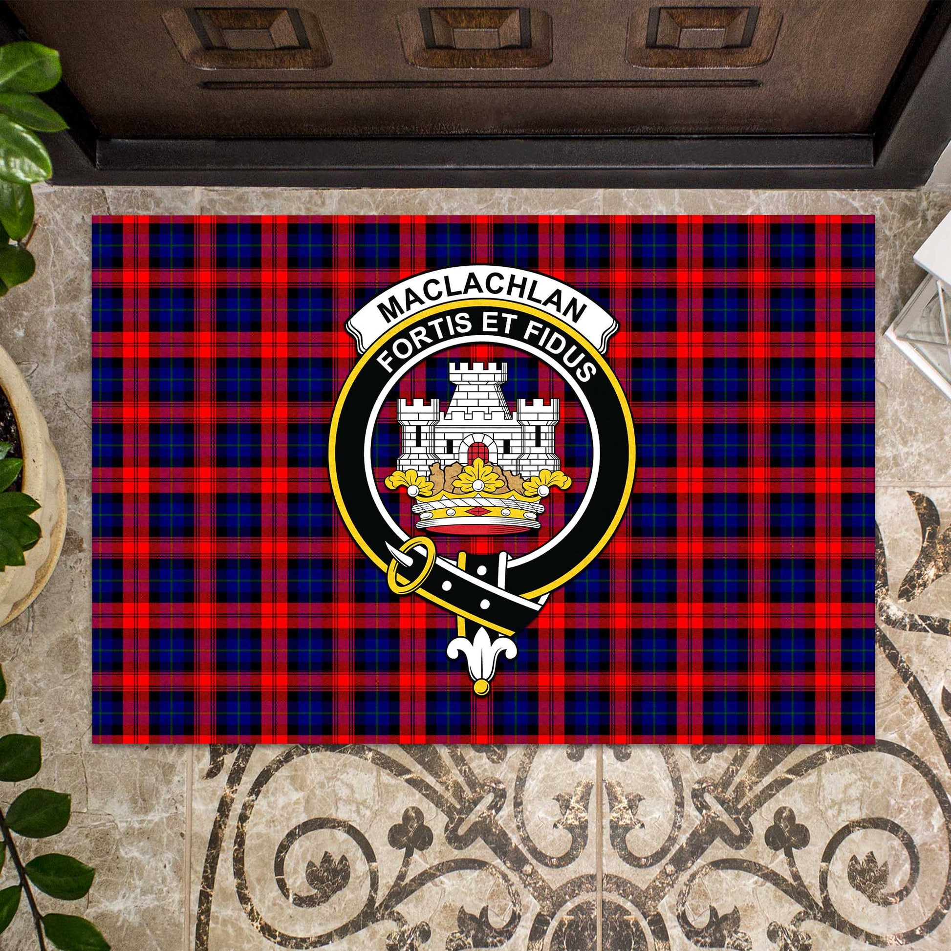 MacLachlan Modern Tartan Door Mat with Family Crest - Tartanvibesclothing