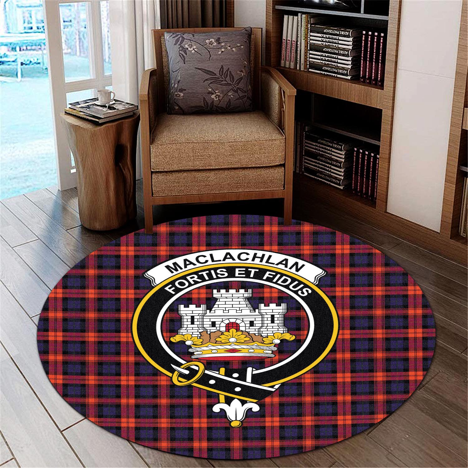 maclachlan-modern-tartan-round-rug-with-family-crest