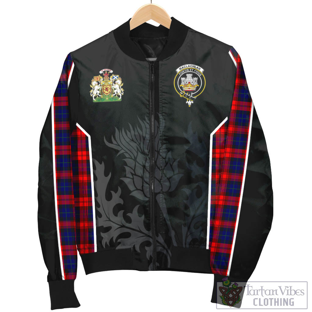 Tartan Vibes Clothing MacLachlan Modern Tartan Bomber Jacket with Family Crest and Scottish Thistle Vibes Sport Style