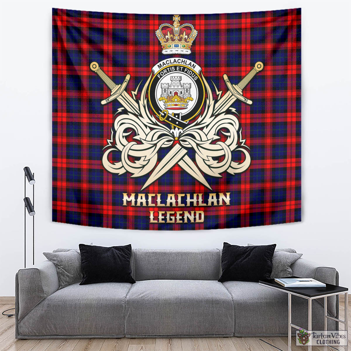 Tartan Vibes Clothing MacLachlan Modern Tartan Tapestry with Clan Crest and the Golden Sword of Courageous Legacy