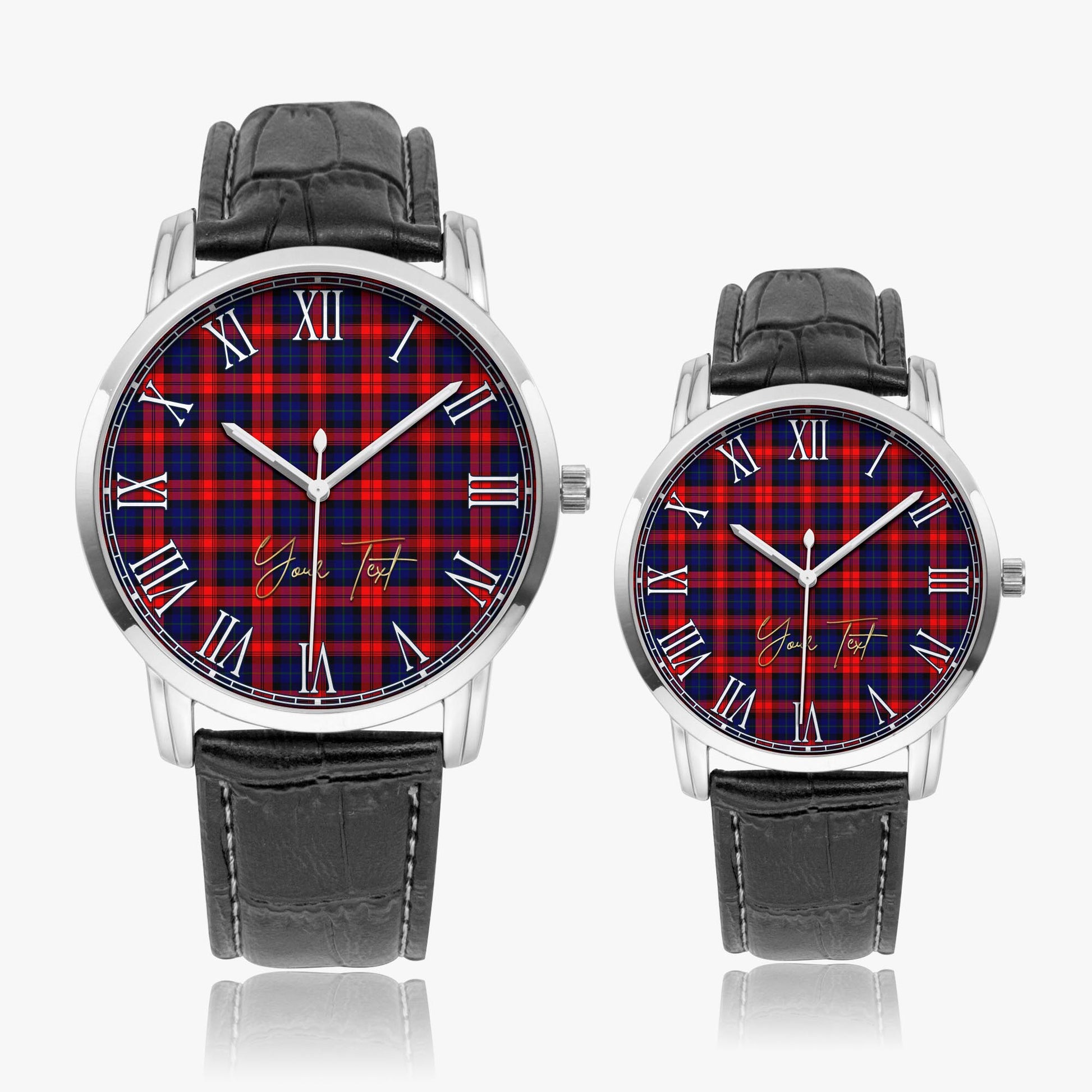 MacLachlan Modern Tartan Personalized Your Text Leather Trap Quartz Watch Wide Type Silver Case With Black Leather Strap - Tartanvibesclothing
