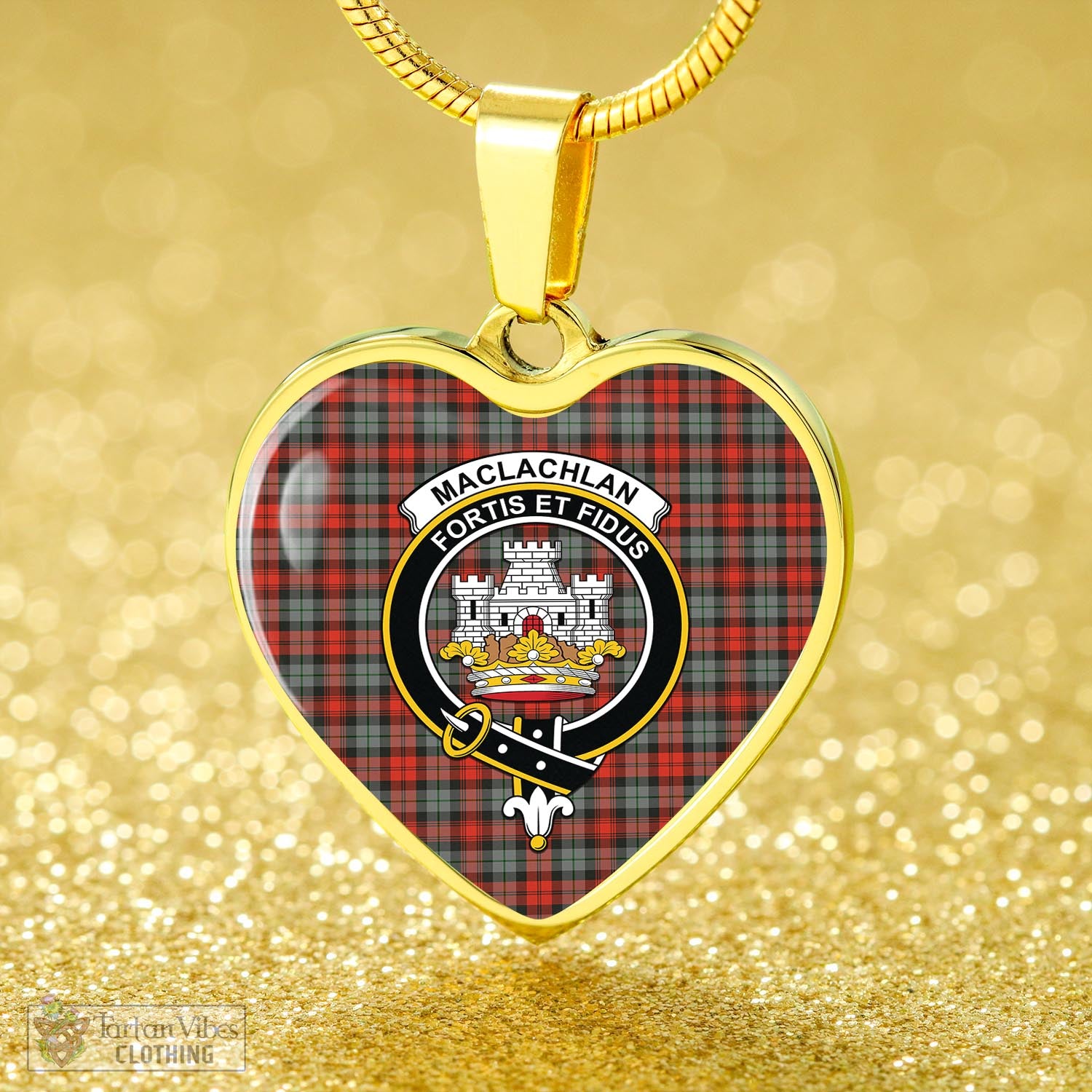 Tartan Vibes Clothing MacLachlan Weathered Tartan Heart Necklace with Family Crest