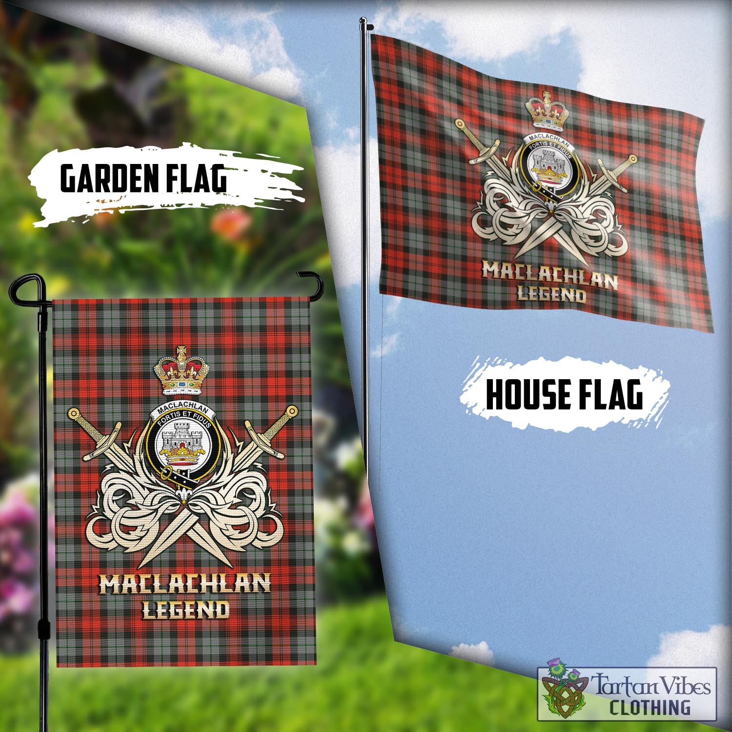 Tartan Vibes Clothing MacLachlan Weathered Tartan Flag with Clan Crest and the Golden Sword of Courageous Legacy