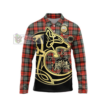 MacLachlan Weathered Tartan Long Sleeve Polo Shirt with Family Crest Celtic Wolf Style