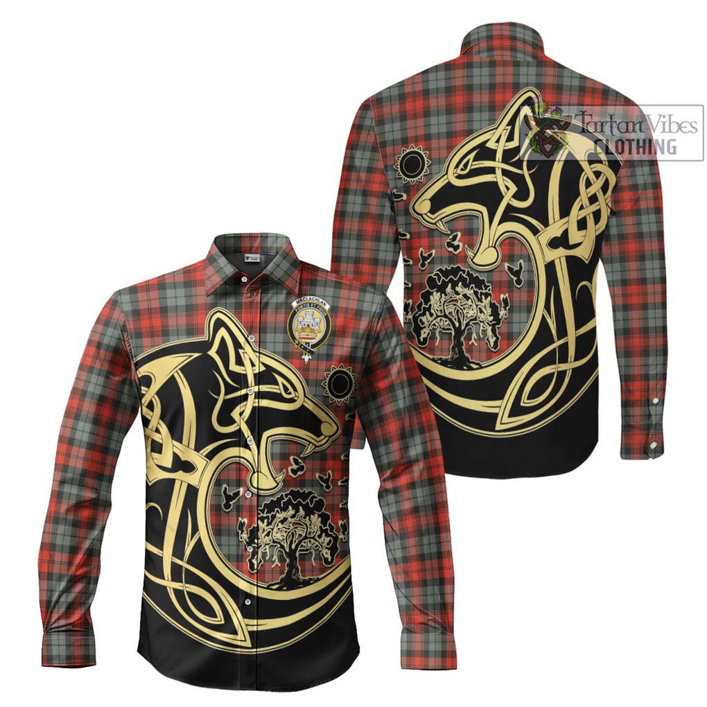 MacLachlan Weathered Tartan Long Sleeve Button Shirt with Family Crest Celtic Wolf Style Men's Shirt S - Tartan Vibes Clothing