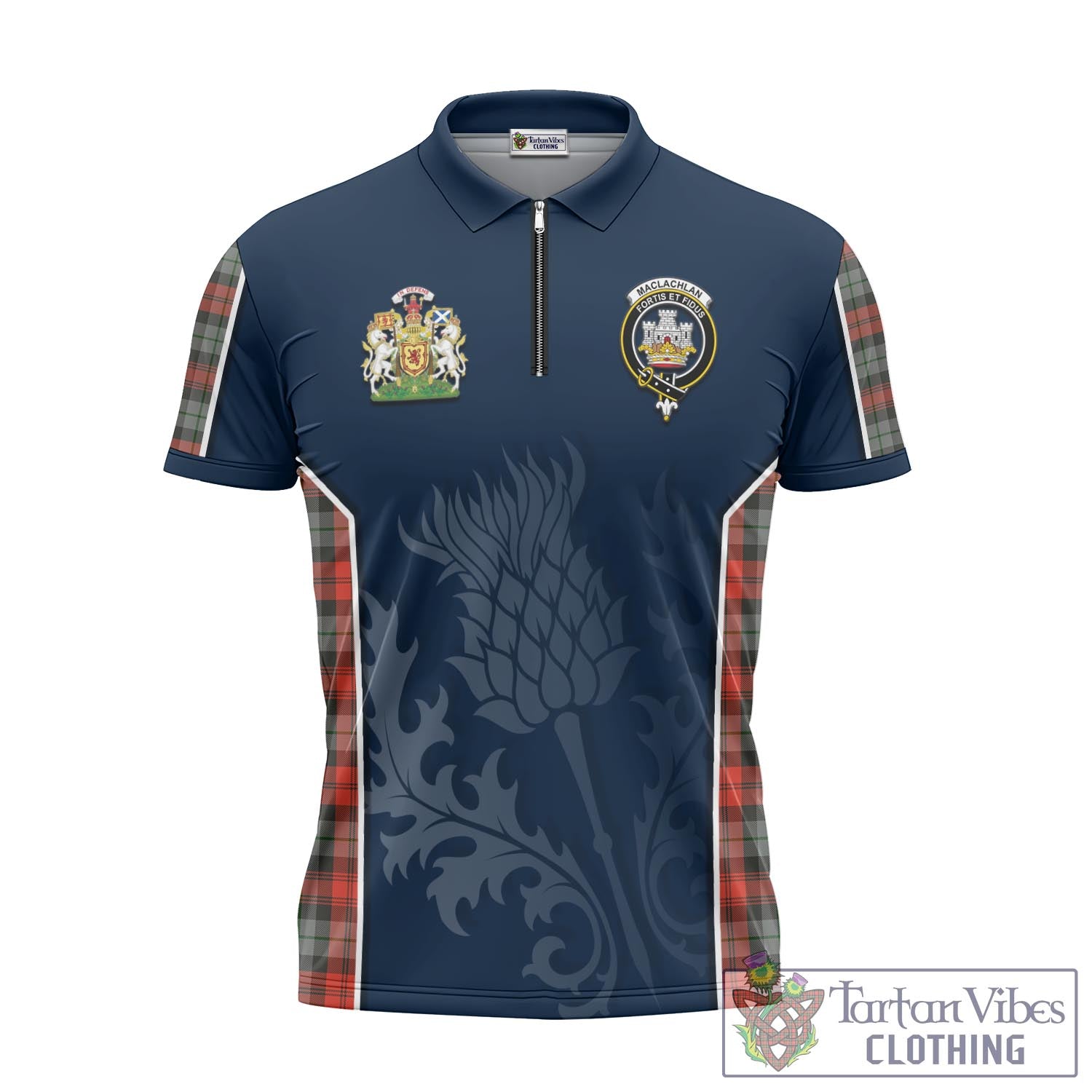 Tartan Vibes Clothing MacLachlan Weathered Tartan Zipper Polo Shirt with Family Crest and Scottish Thistle Vibes Sport Style