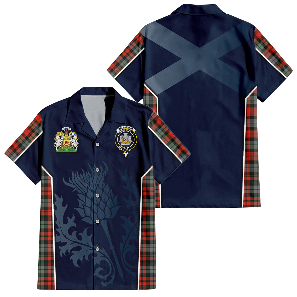 Tartan Vibes Clothing MacLachlan Weathered Tartan Short Sleeve Button Up Shirt with Family Crest and Scottish Thistle Vibes Sport Style