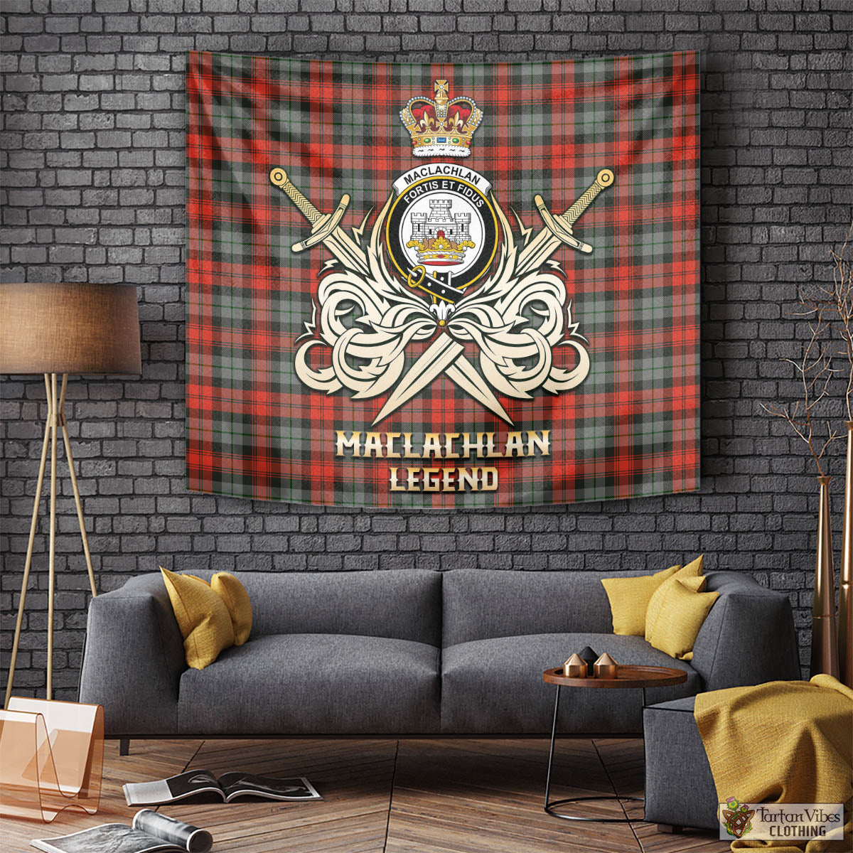 Tartan Vibes Clothing MacLachlan Weathered Tartan Tapestry with Clan Crest and the Golden Sword of Courageous Legacy