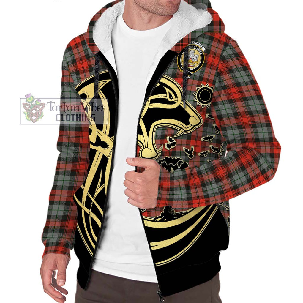 MacLachlan Weathered Tartan Sherpa Hoodie with Family Crest Celtic Wolf Style Unisex S - Tartan Vibes Clothing