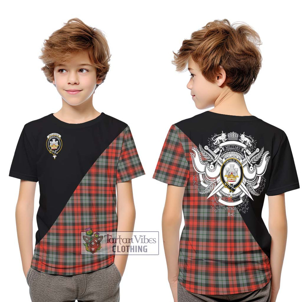 MacLachlan Weathered Tartan Kid T-Shirt with Family Crest and Military Logo Style Youth XL Size14 - Tartanvibesclothing Shop