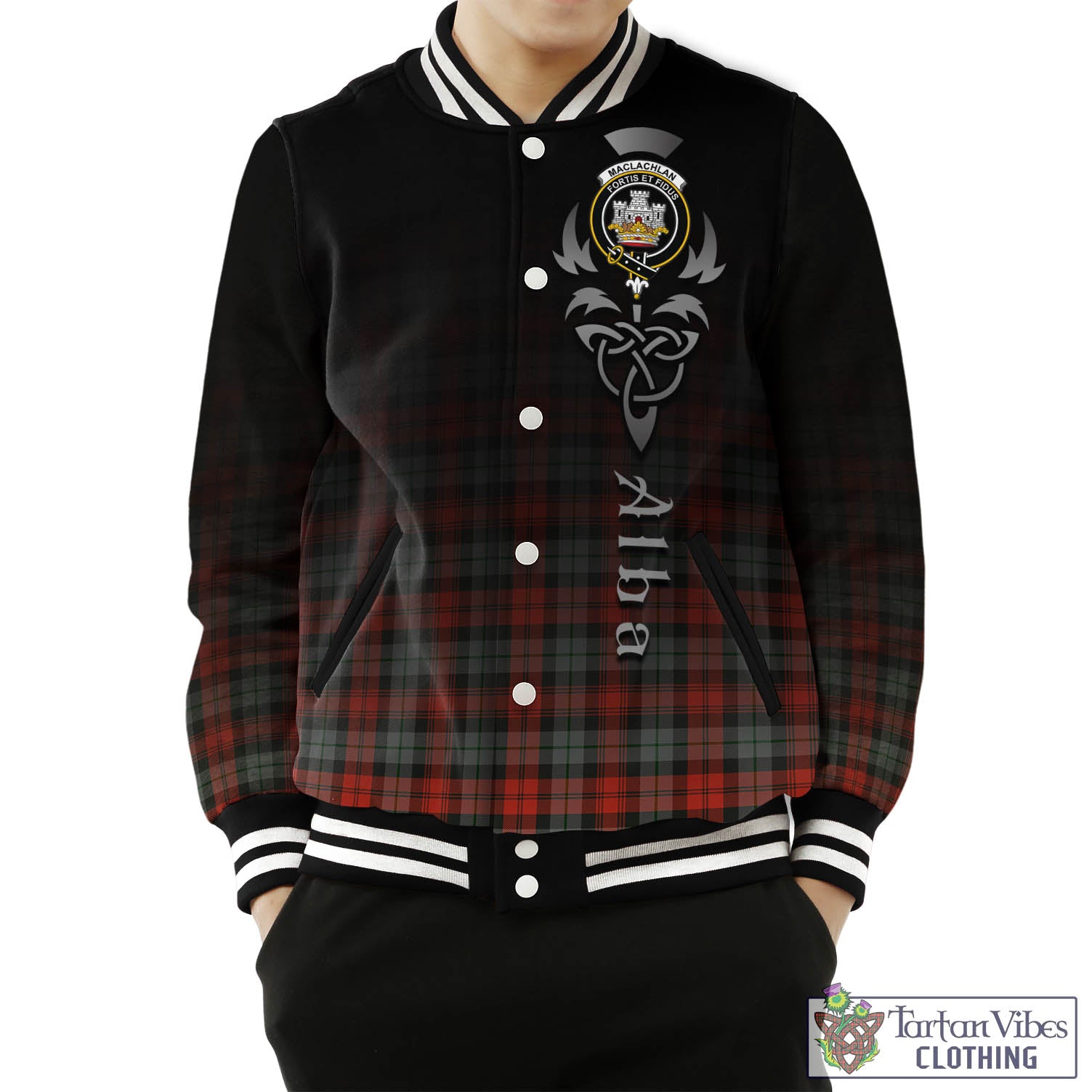 Tartan Vibes Clothing MacLachlan Weathered Tartan Baseball Jacket Featuring Alba Gu Brath Family Crest Celtic Inspired