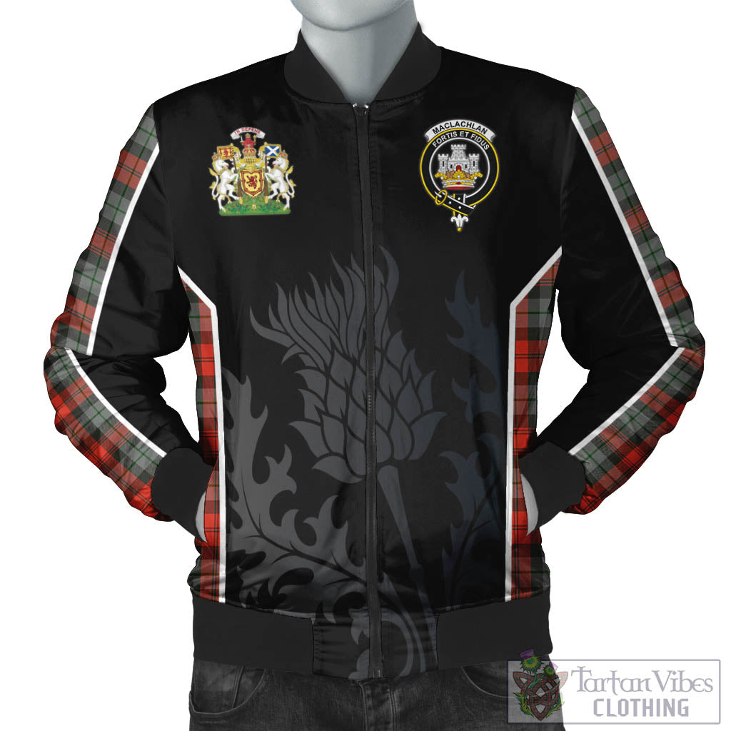 Tartan Vibes Clothing MacLachlan Weathered Tartan Bomber Jacket with Family Crest and Scottish Thistle Vibes Sport Style